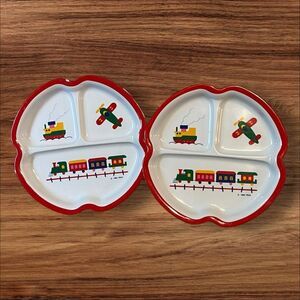 Vintage 1984 PECO Kids Divided Plates Transportation Train Plane Boat Set of 2